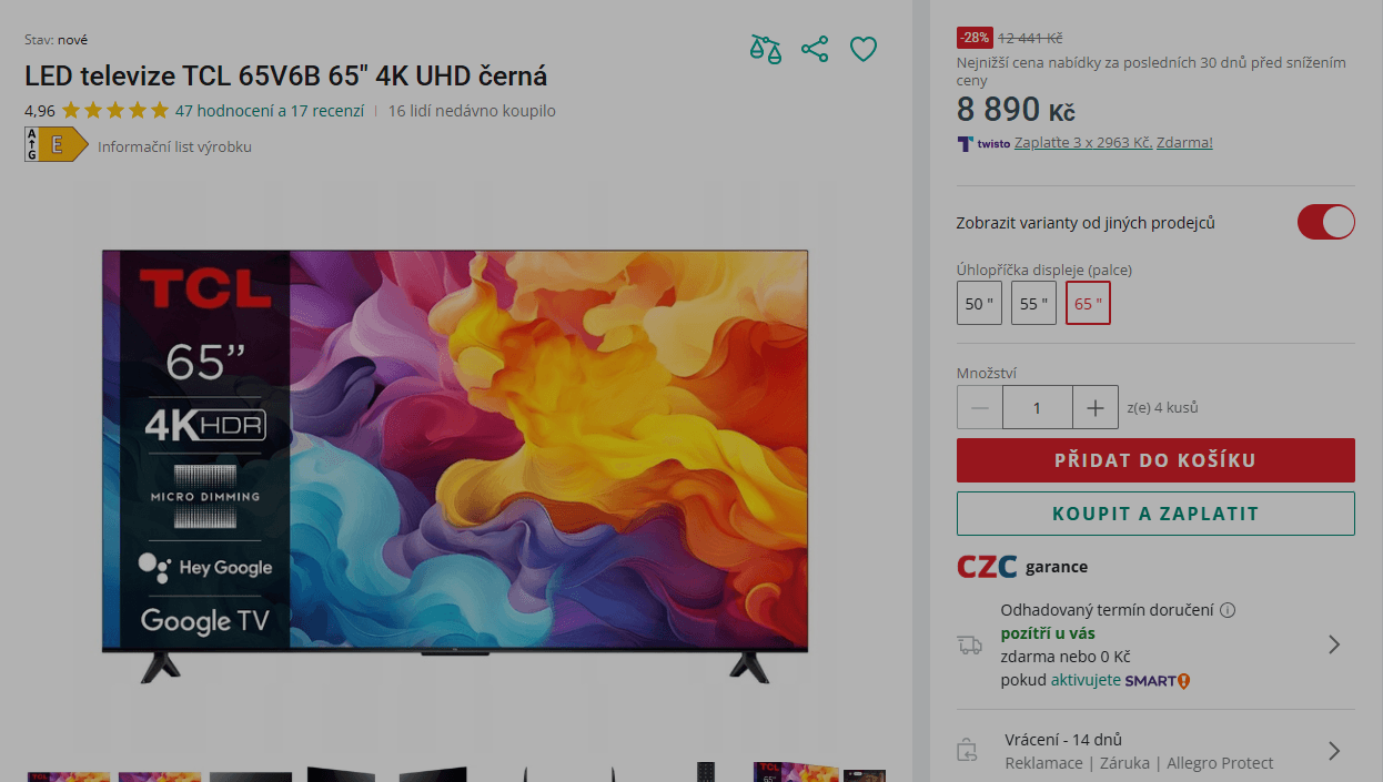 4K Google TV 164 cm, TCL