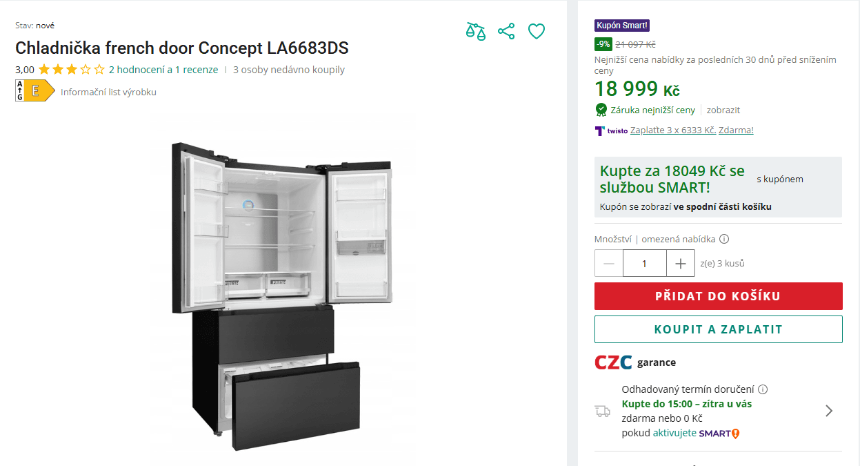 Americká lednice Concept, voda, 183cm