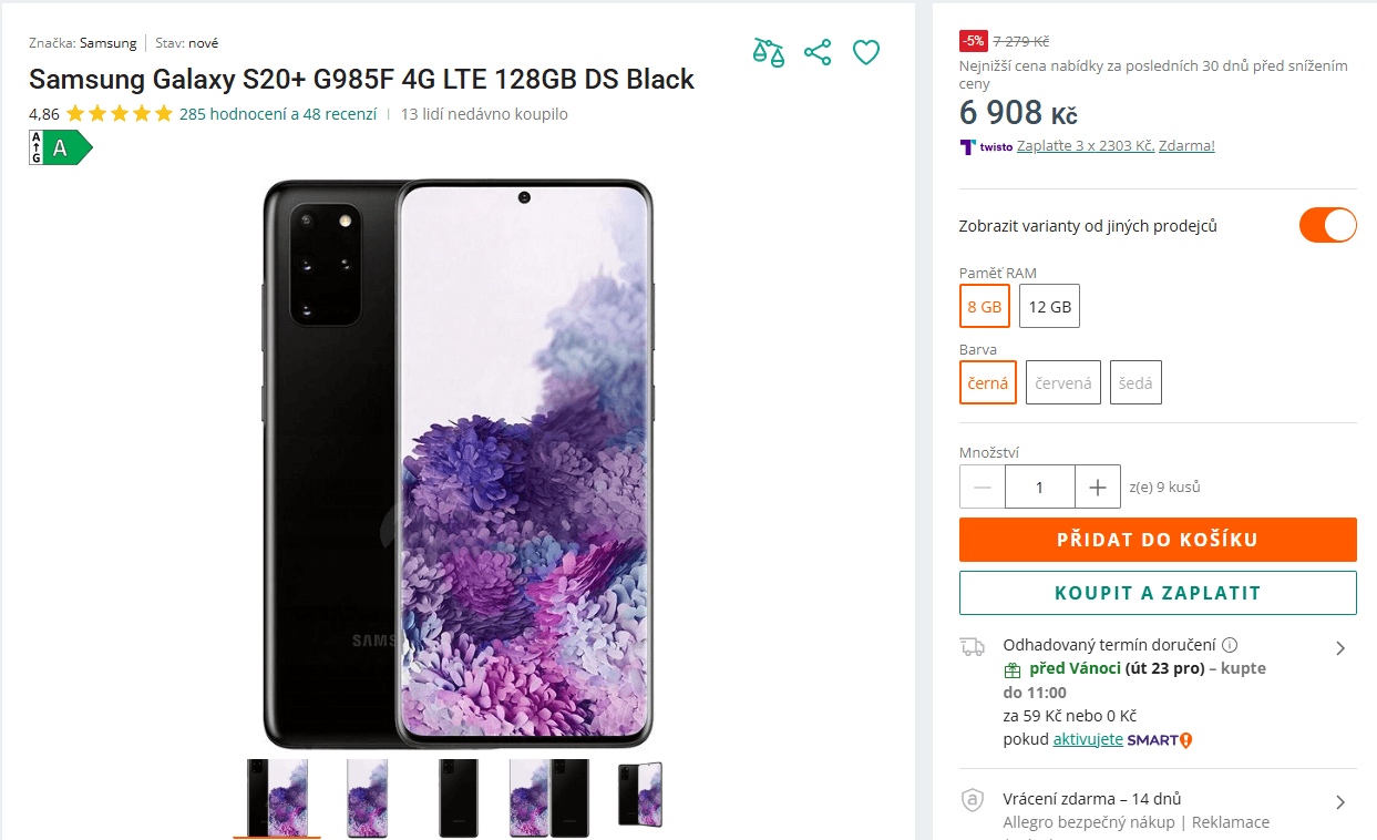 Samsung S20+ 8x 2,73GHz, 12/128 GB, 6,7"