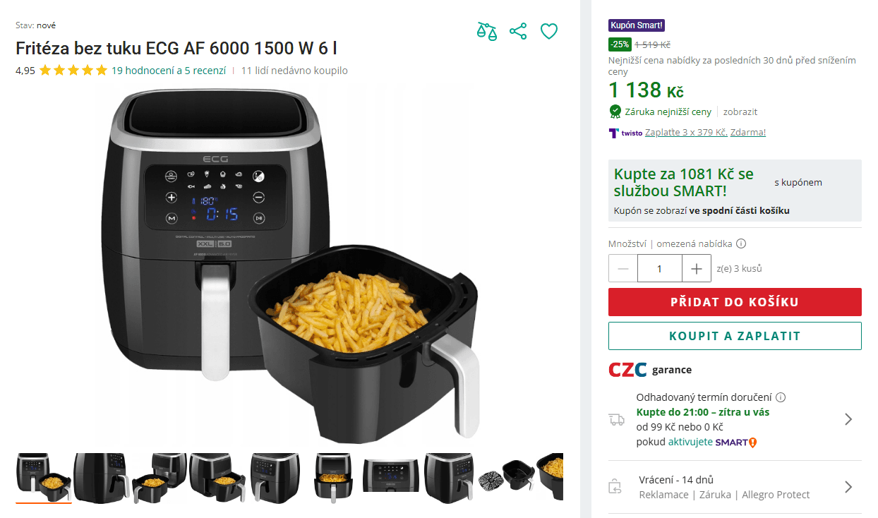 Horkovzdušná fritéza ECG 6 l., 8 programů