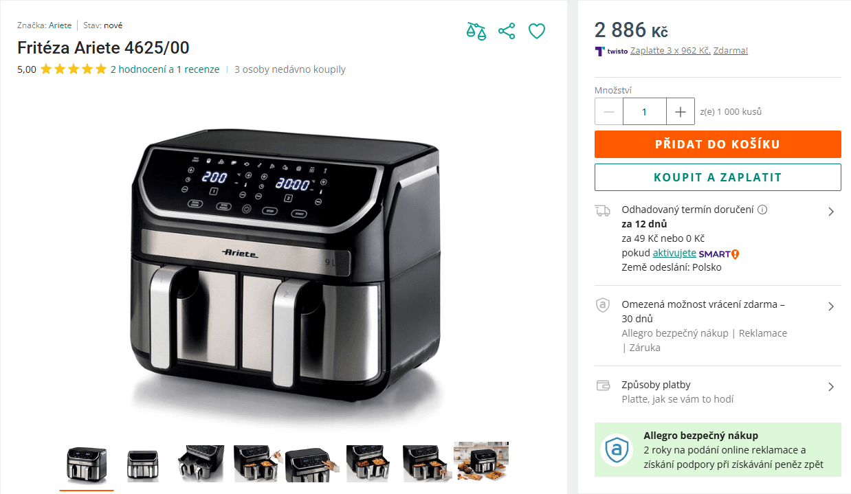 Duální horkovzdušná fritéza Ariete, 2x 4,5 l., 11 prg