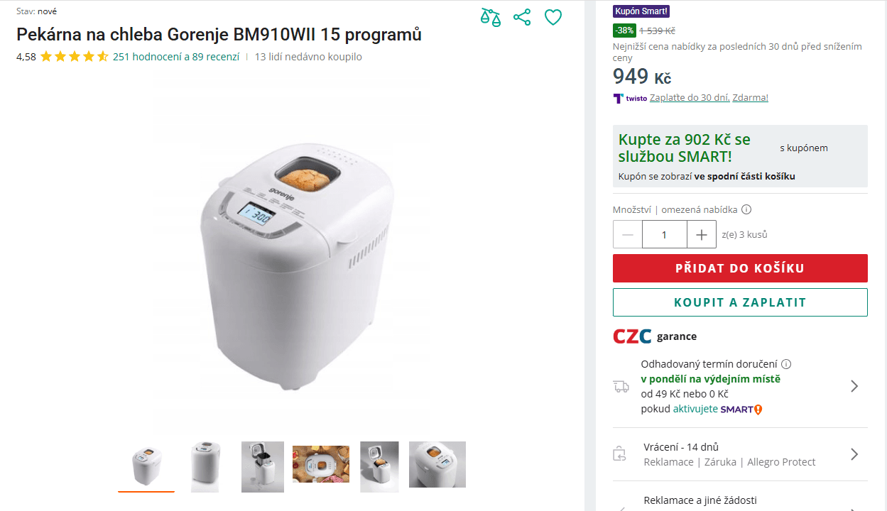 Domácí pekárna Gorenje, 15 prg, 900 gr