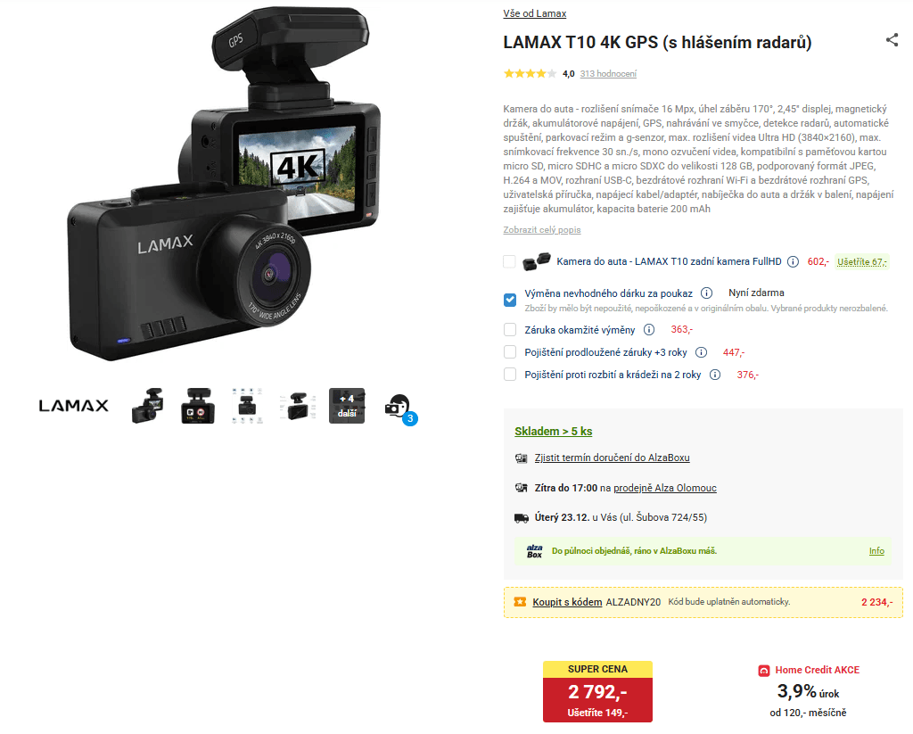 Autokamera LAMAX T10 4K GPS (s hlášením radarů), Wifi