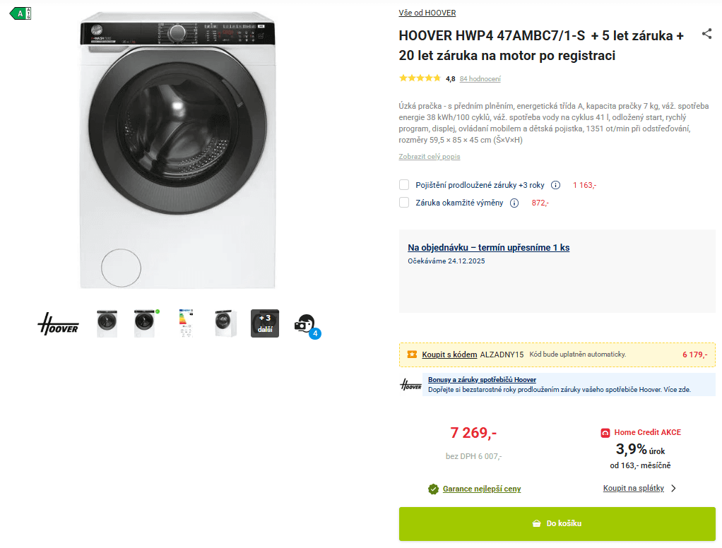 Pračka Hoover 7kg, 1400 ot., Wifi, BT, A, 45 cm