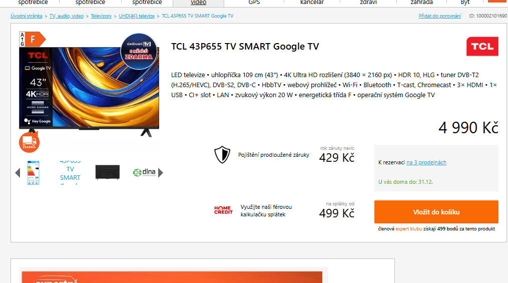 4K Google TV, 109cm, TCL