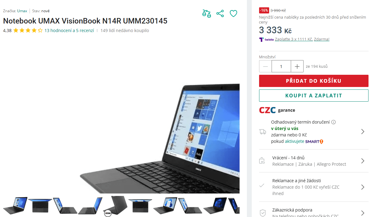 Umax, 2,8GHz, 4GB RAM, 14,1", 1,3kg