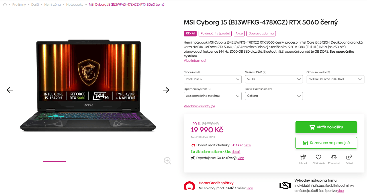MSI i5 4,6 GHz, 16/1000, 8 GB Nvidia, 15,6"