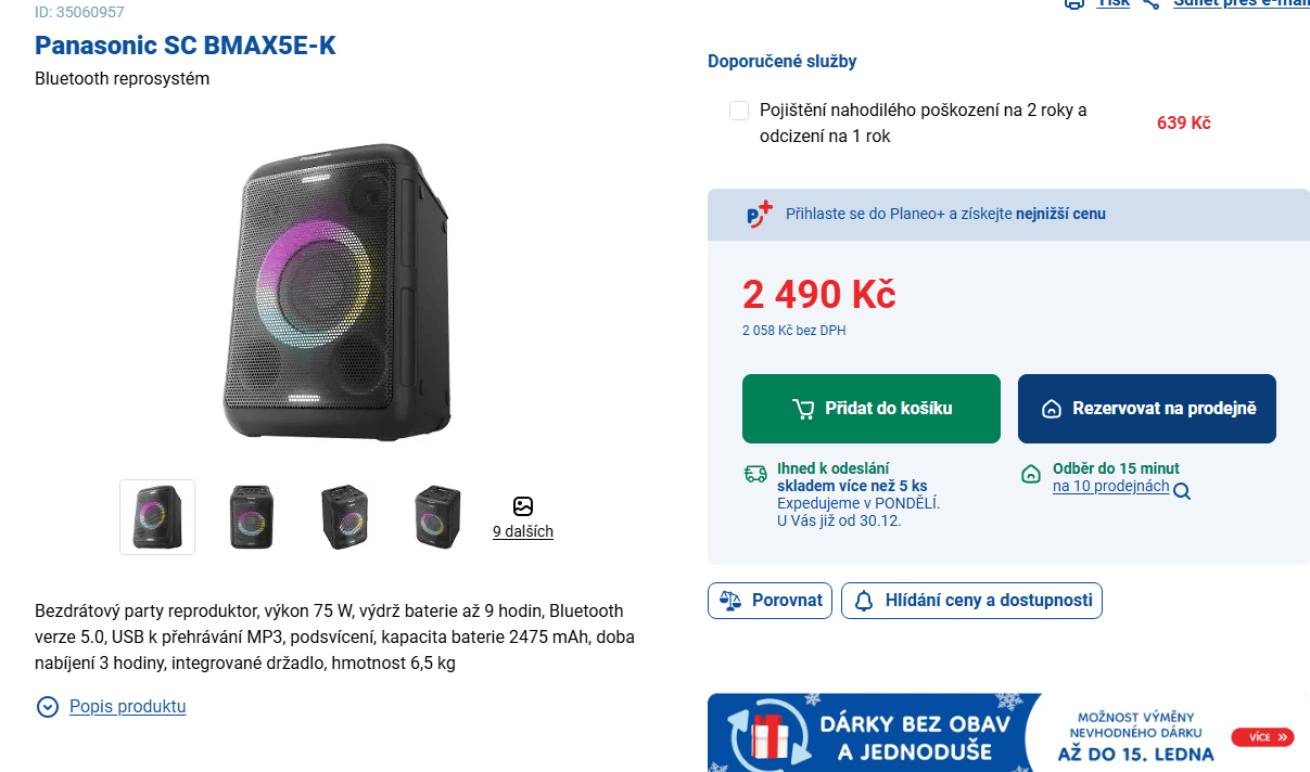 BT party repro Panasonic 75 W, 40x30 cm, RGB