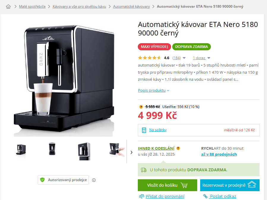 Automatické espresso ETA Nero, 19 bar, mlýnek