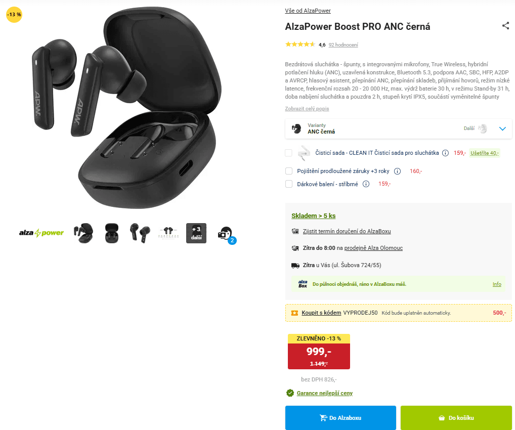 BT sluchátka AlzaPower Boost PRO ANC, 30 hodin