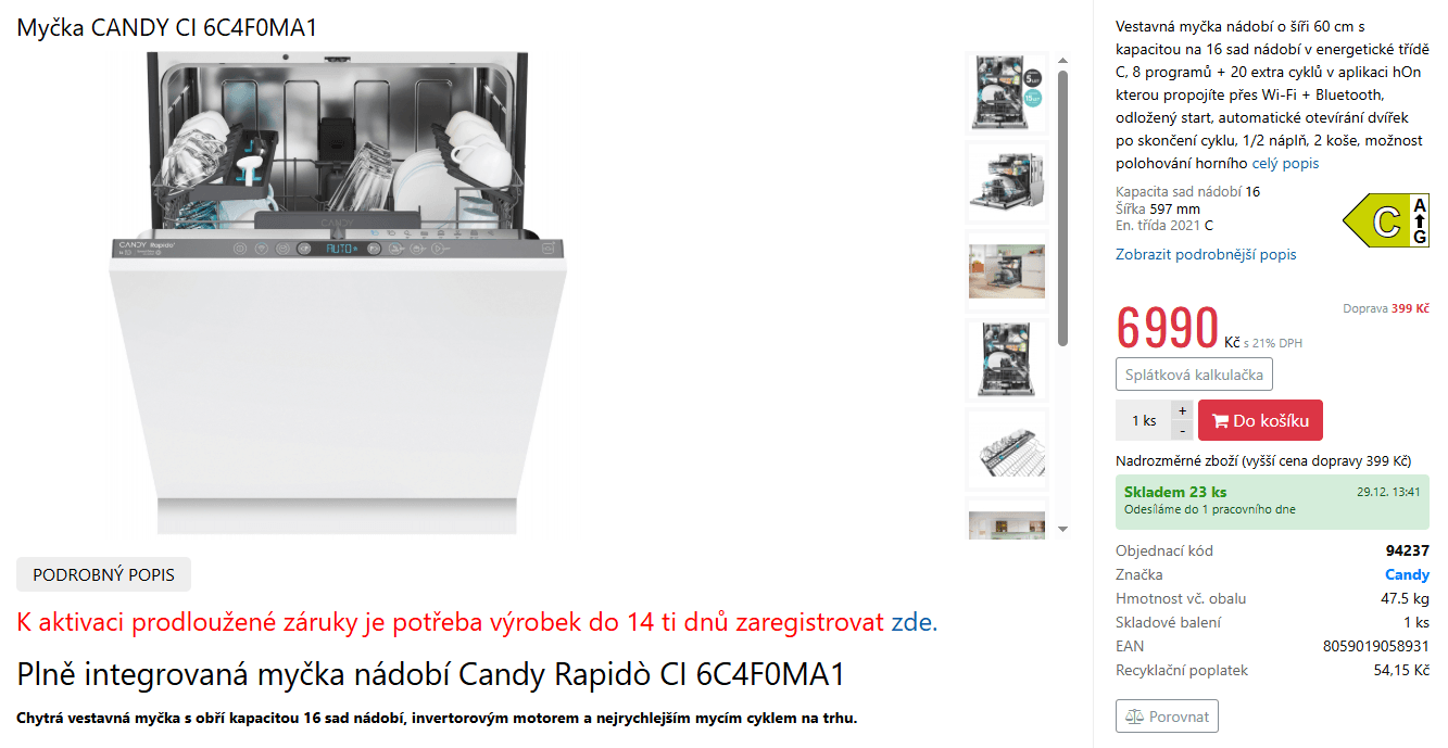 Vestavná myčka nádobí Candy 16 sad, Wifi