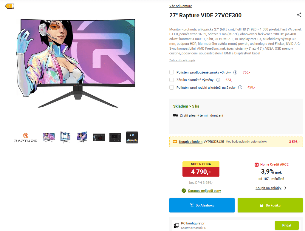 Curved PC monitor Rapture, 27", FHD, 280 Hz