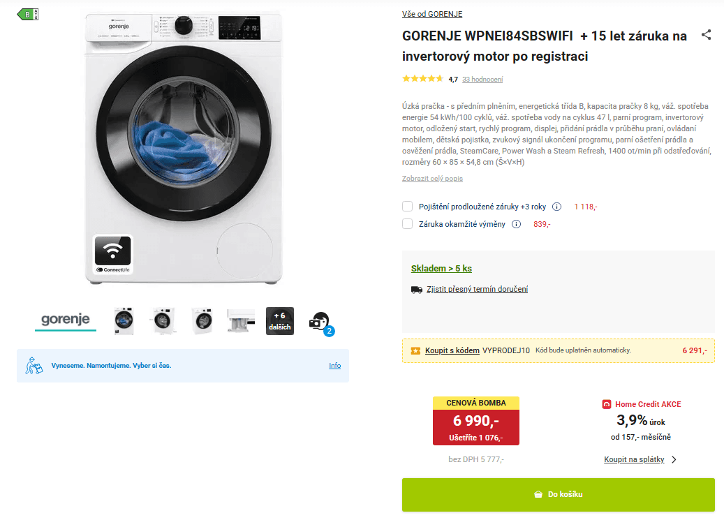 Parní pračka Gorenje 8kg, 1400 ot., Wifi