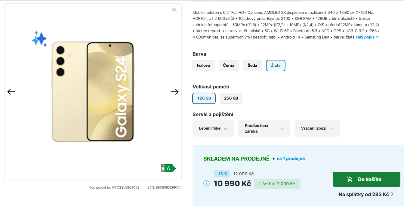 Samsung S24 8x3,3GHz, 8/128GB, 6,2"