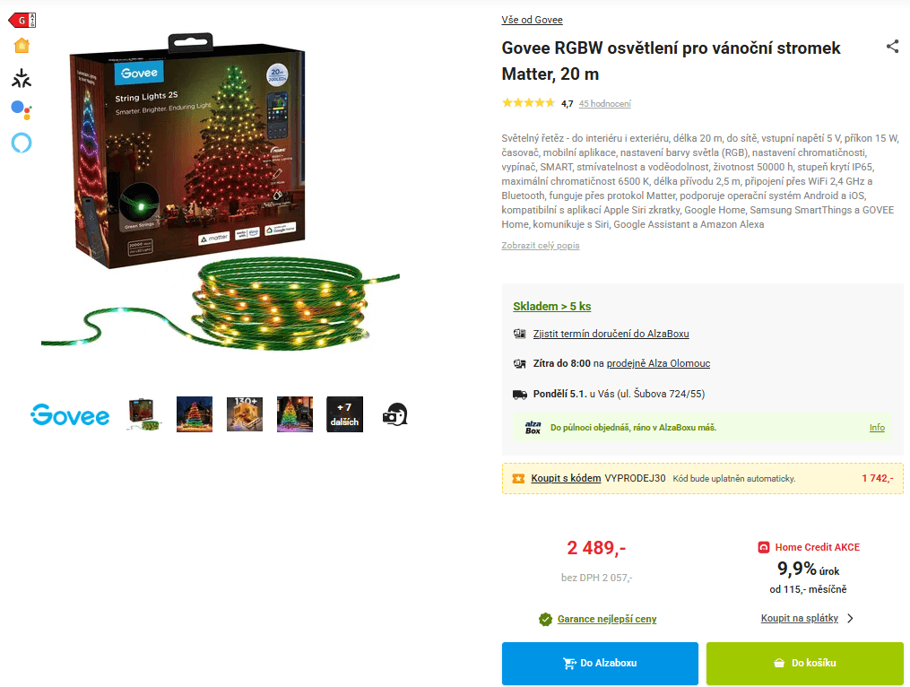 Chytré osvětlení pro vánoční stromek Govee, Wifi, 20m