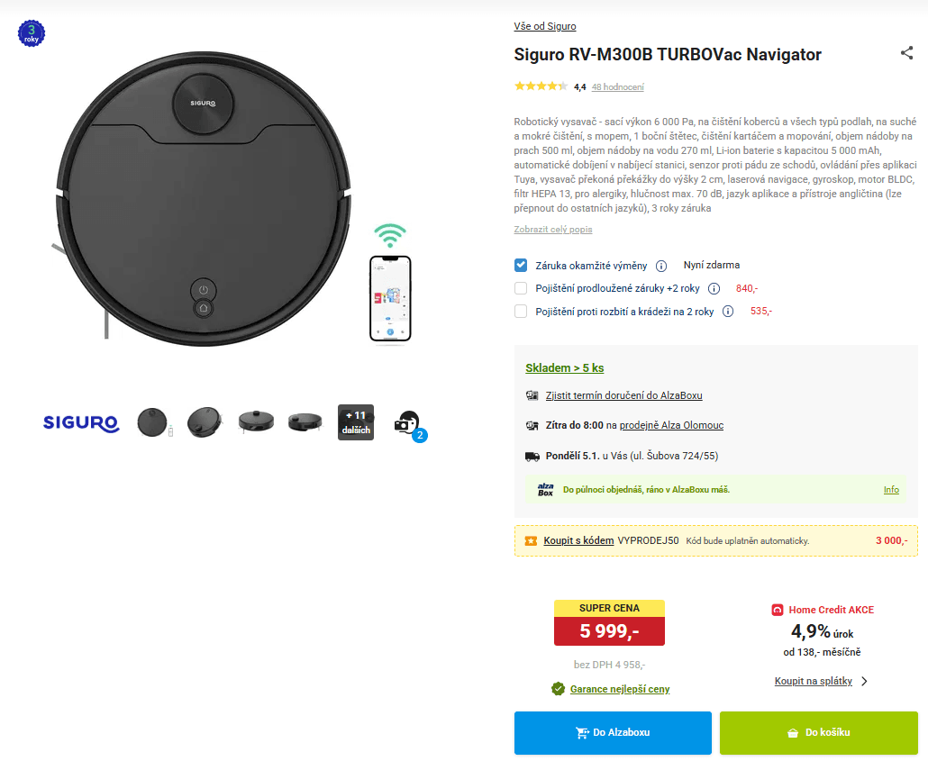 Robot vysavač a mop Siguro, laser, 10 cm