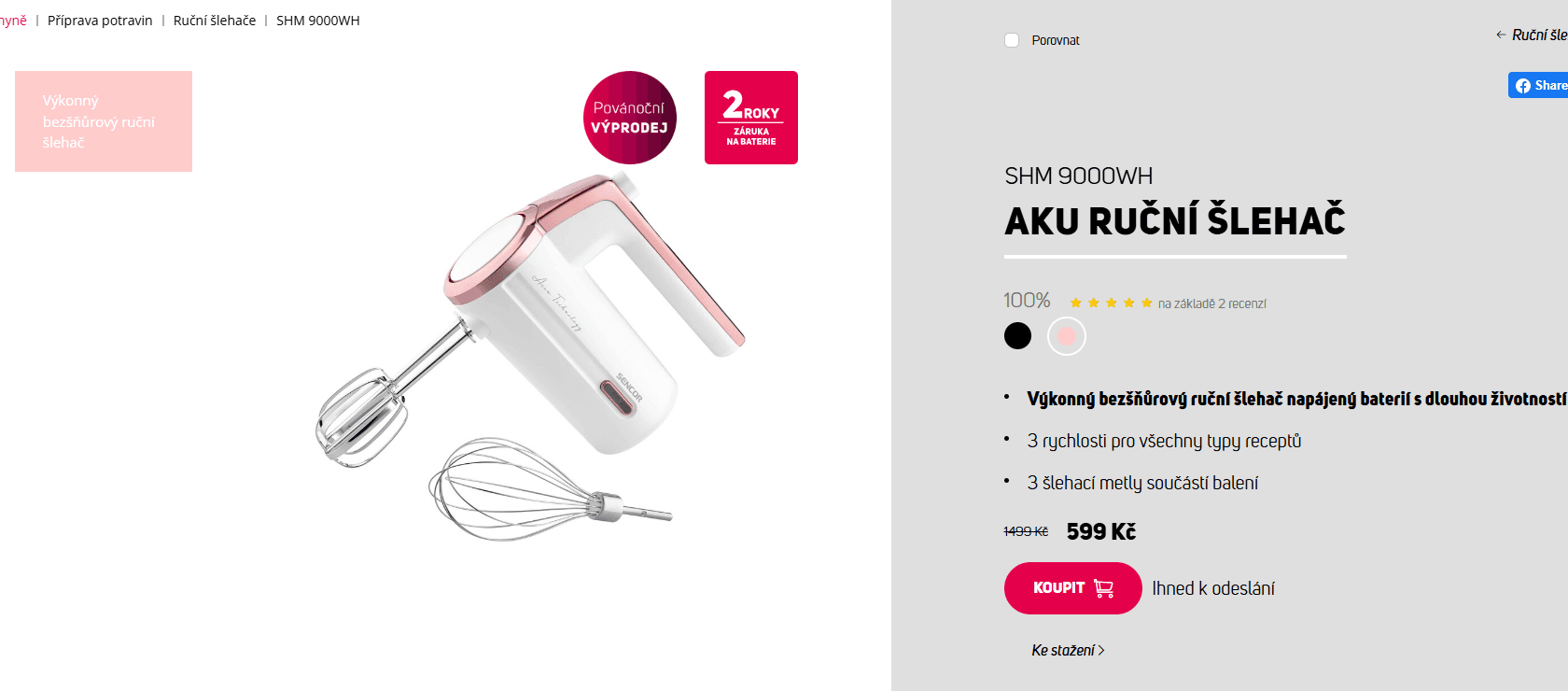 Aku šlehač Sencor, 3 rychlosti, 2 nástavce