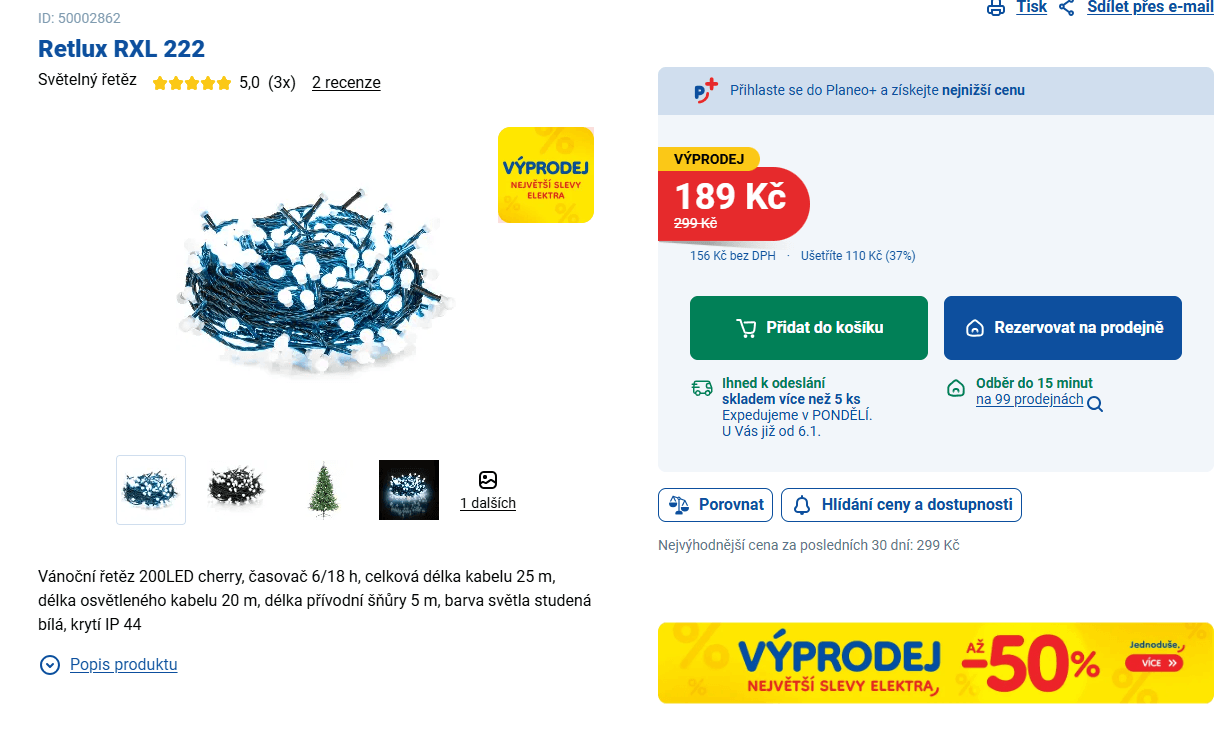 Vánoční řetěz Retlux, 200 LED, 25 m