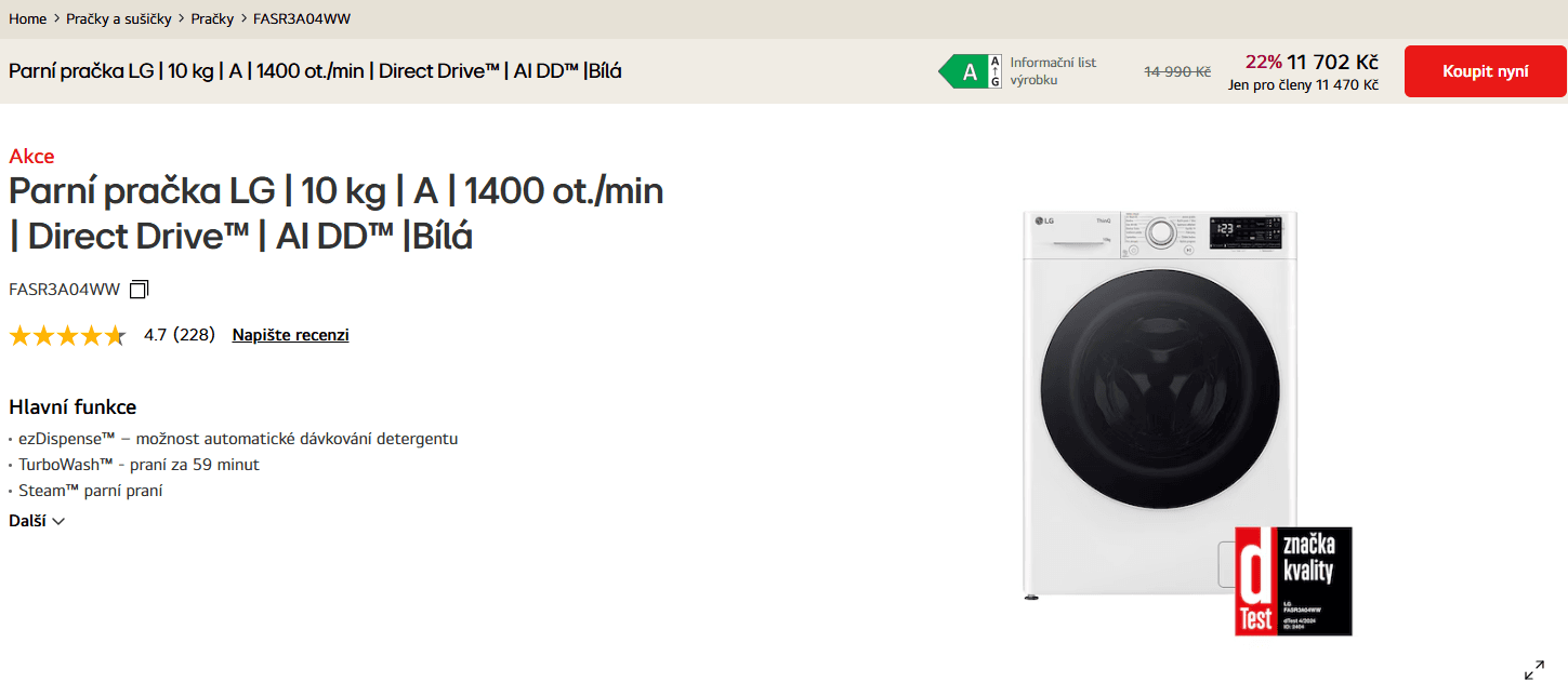 Parní pračka LG, 10 kg, 1400 ot./min, A, Wifi, AI