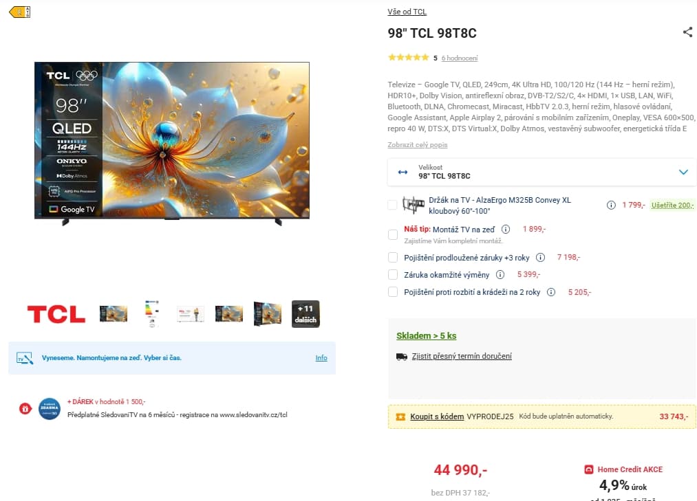 4K QLED Smart TV, 249 cm, 120Hz, TCL