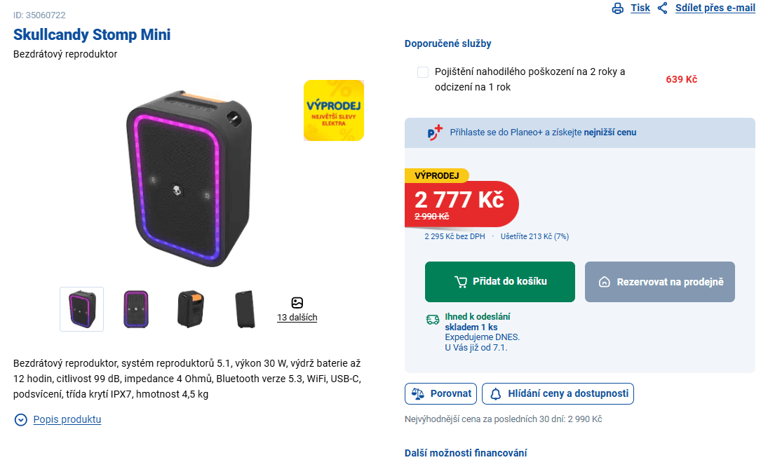 BT repro 5.1 Skullcandy Stomp Mini, 30W, světla