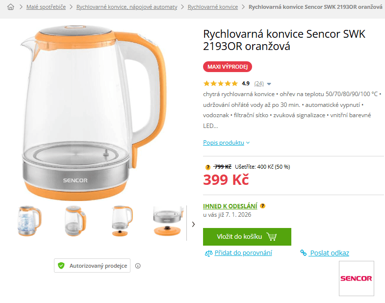 Rychlovarná konvice Sencor 2 l., teploty