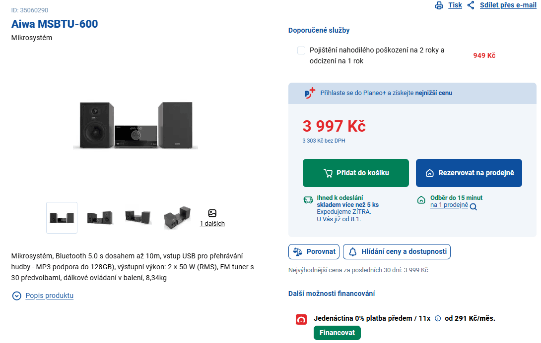 HIFI mikrosystém Aiwa, BT, 100W, USB, CD, rádio