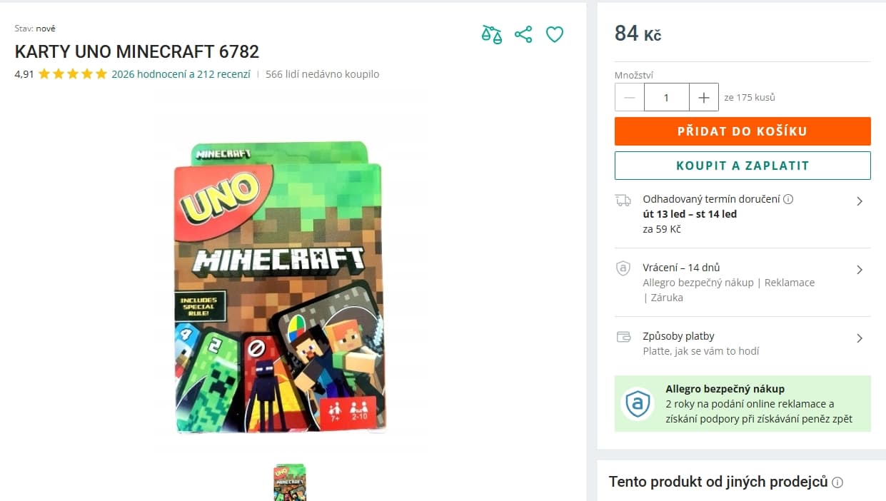 Karetní hra Mattel Uno Minecraft