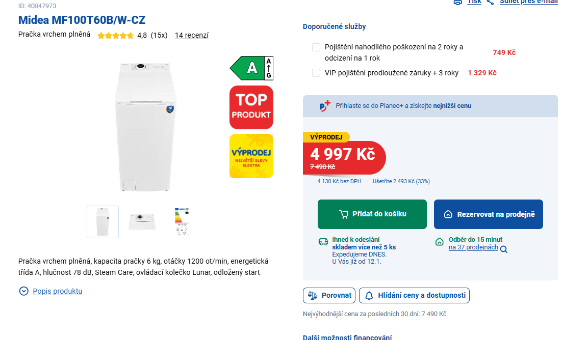 Úzká pračka Midea 6kg, 1200ot., 40cm