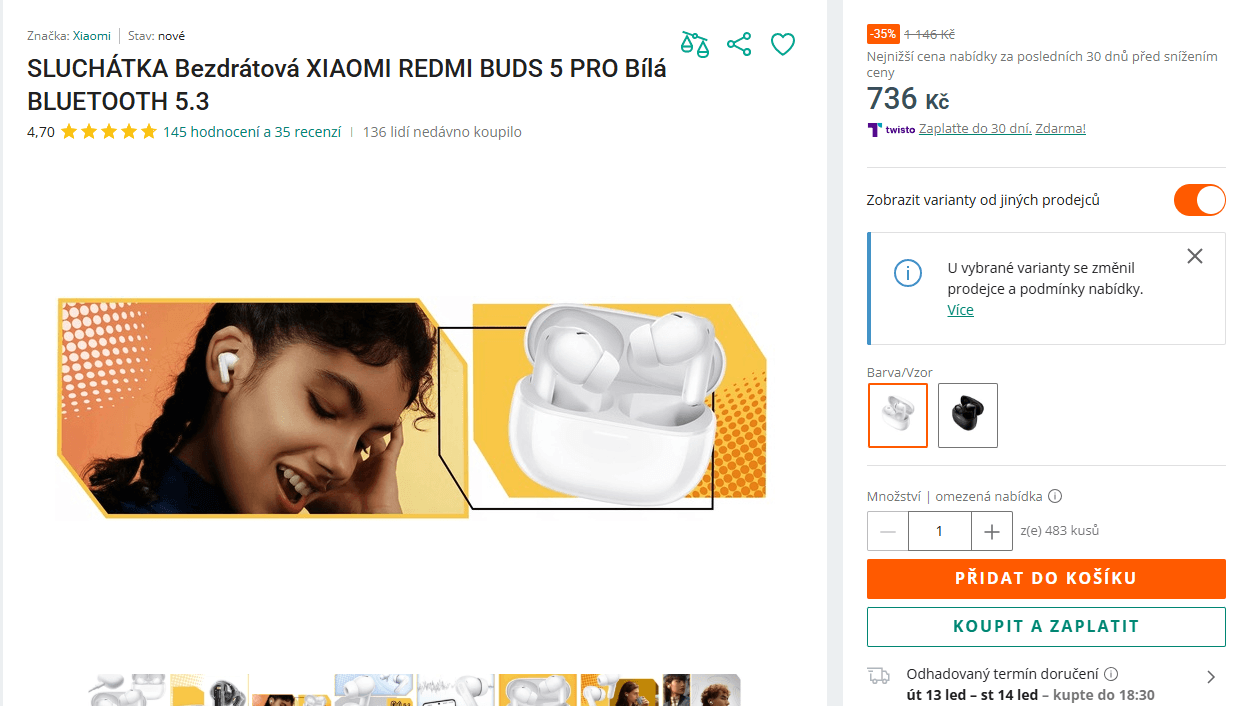 BT sluchátka Redmi Buds 5 Pro, ANC, TWS, 35 hodin