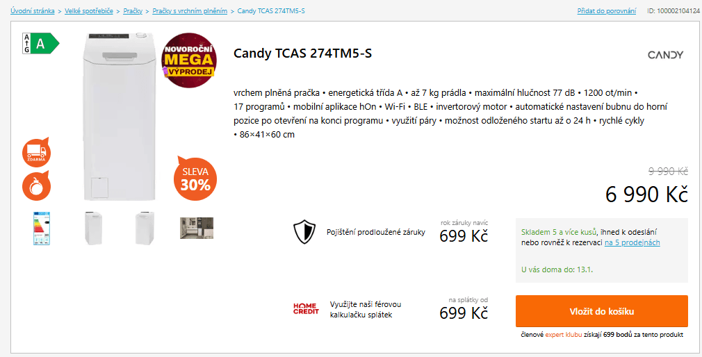 Pračka Candy 7kg, 1200ot., A, Wifi