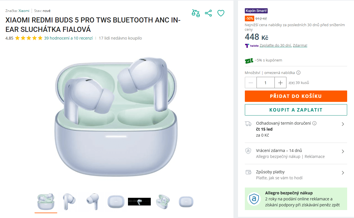 BT sluchátka Redmi Buds 5 Pro, ANC, TWS, 35 hodin