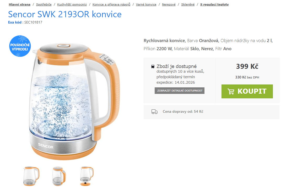 Rychlovarná konvice Sencor 2 l., teploty