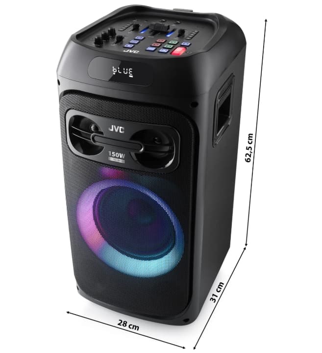 BT repro JVC, 150 W, světla, FM, USB, karaoke