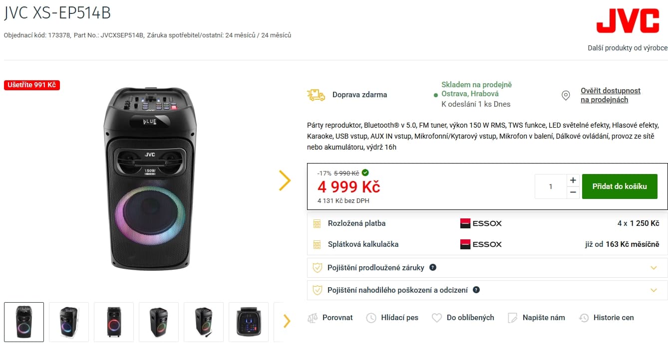 BT repro JVC, 150 W, světla, FM, USB, karaoke