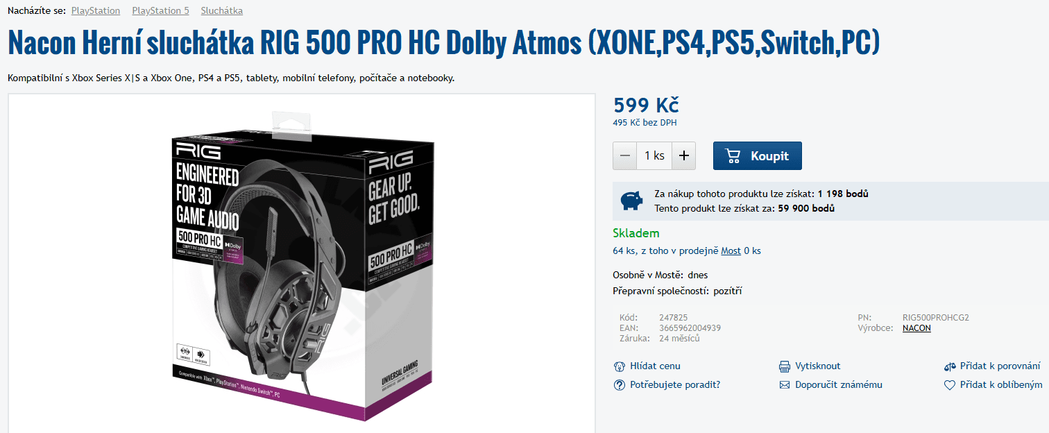 Herní sluchátka Nacon RIG 500 PRO HC