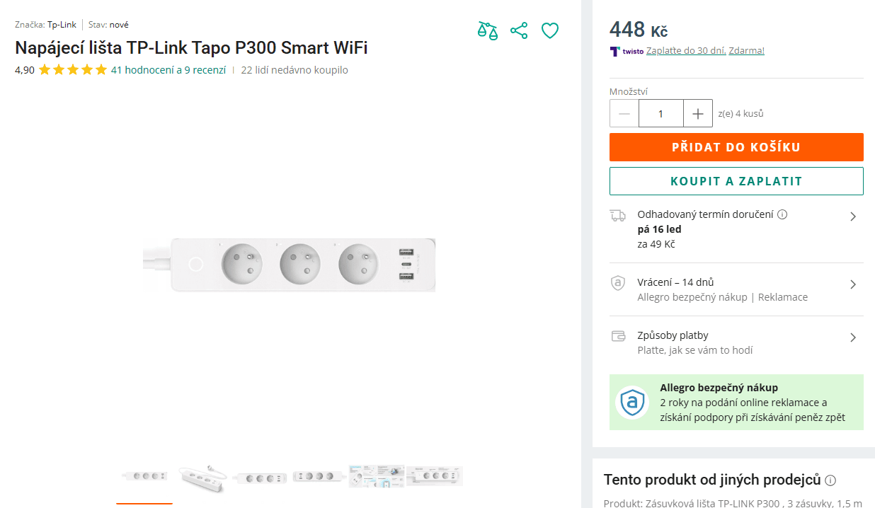 Chytrý prodlužovací kabel TP-Link Tapo P300, Wifi