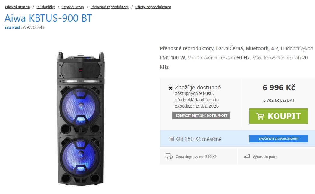 BT repro Aiwa, 100 W, světla, FM, USB, karaoke