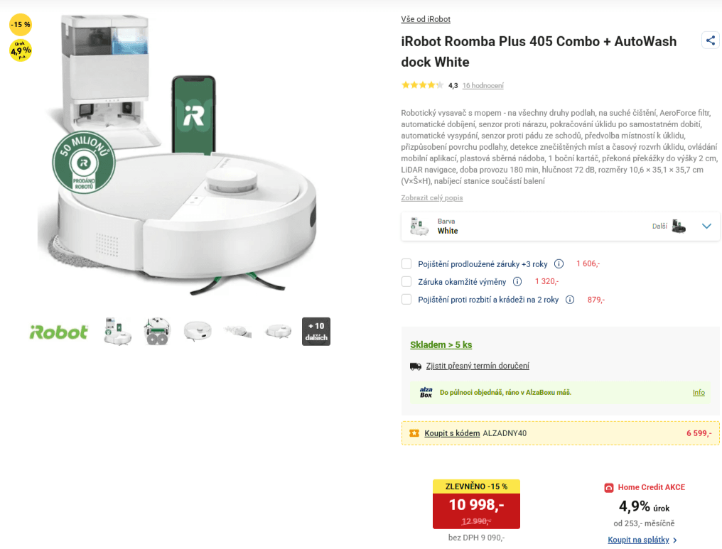 Robot vysavač, mop, stanice iRobot Roomba+ 405