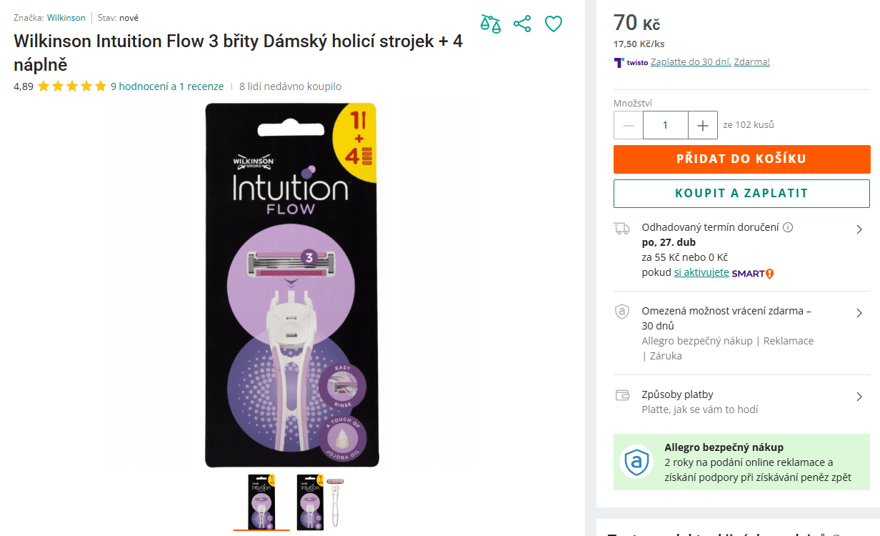 Dámský holicí strojek WILKINSON + 4 břity