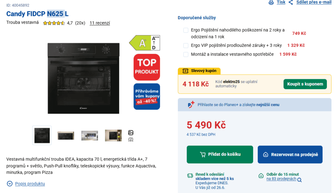 Vestavná trouba Candy 70l., gril, A+