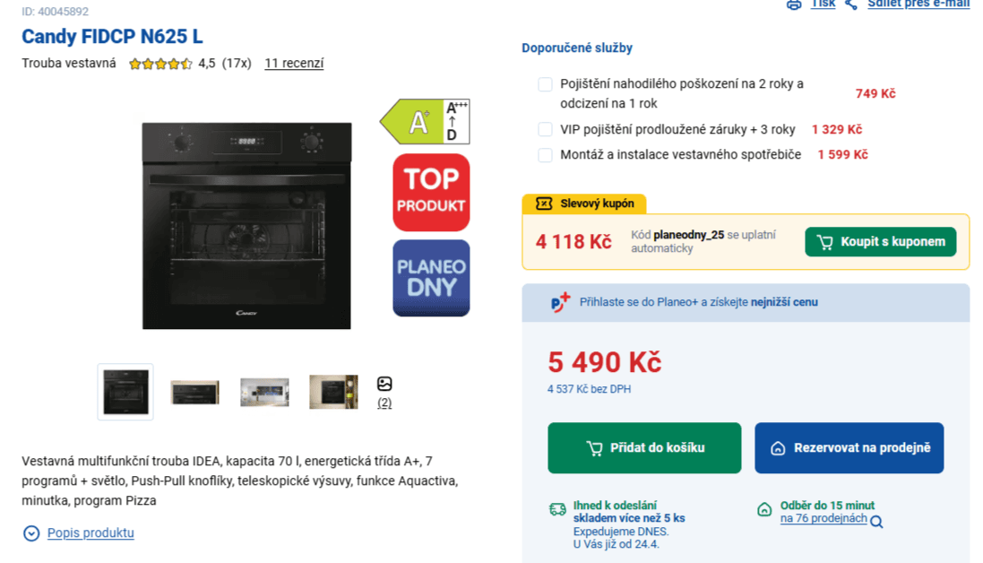 Vestavná trouba Candy 70l., gril, A+