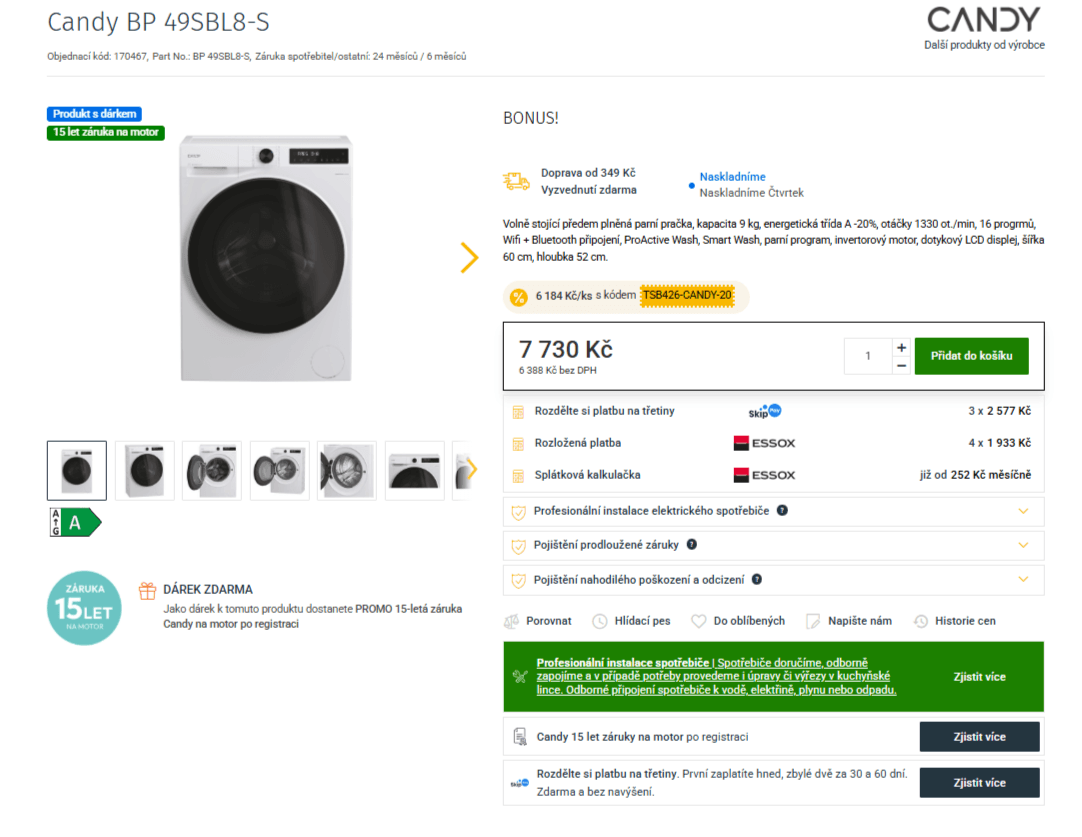 Pračka Candy, 9 kg, 1400 ot., Wifi, BT, A