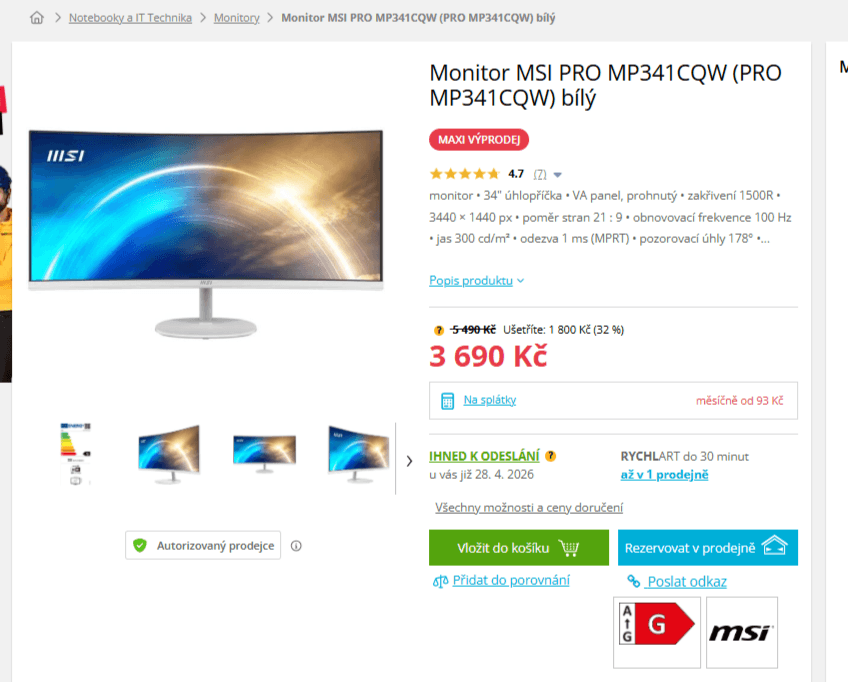 Prohnutý PC monitor MSI PRO, 34", repro, 21:9