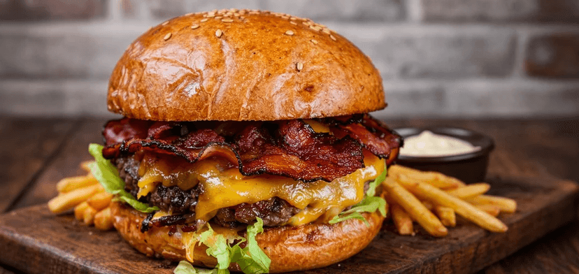 Burger s vyzrálým hovězím vč. hranolek a omáčky 
