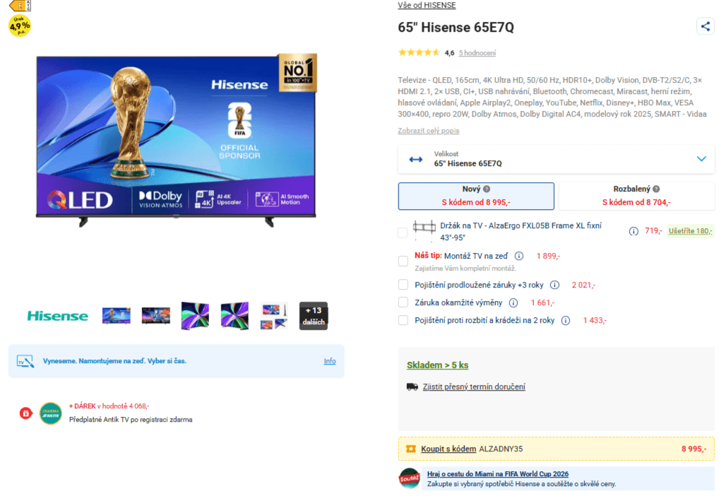 4K QLED Smart TV 164 cm, Atmos, Hisense