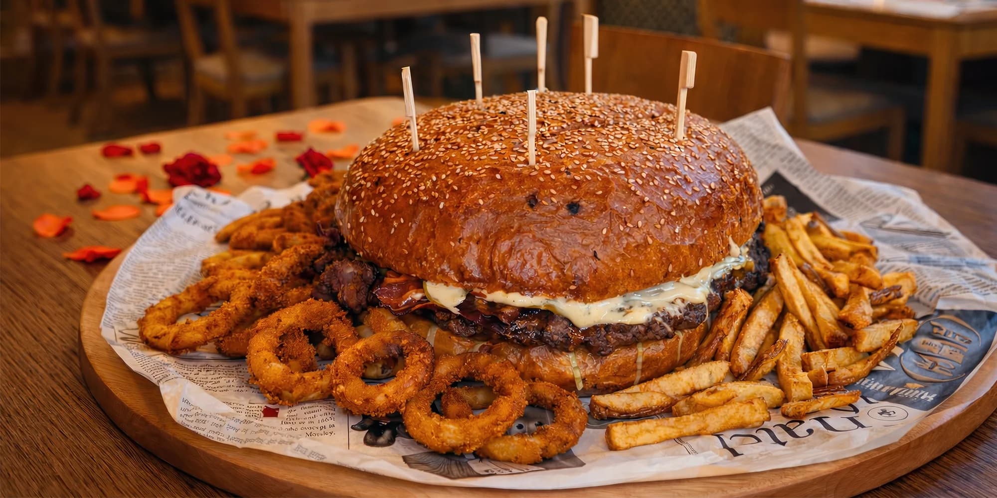Obří burger pro 4 nebo 6 osob a k němu hranolky, cibulové kroužky, dip i pití