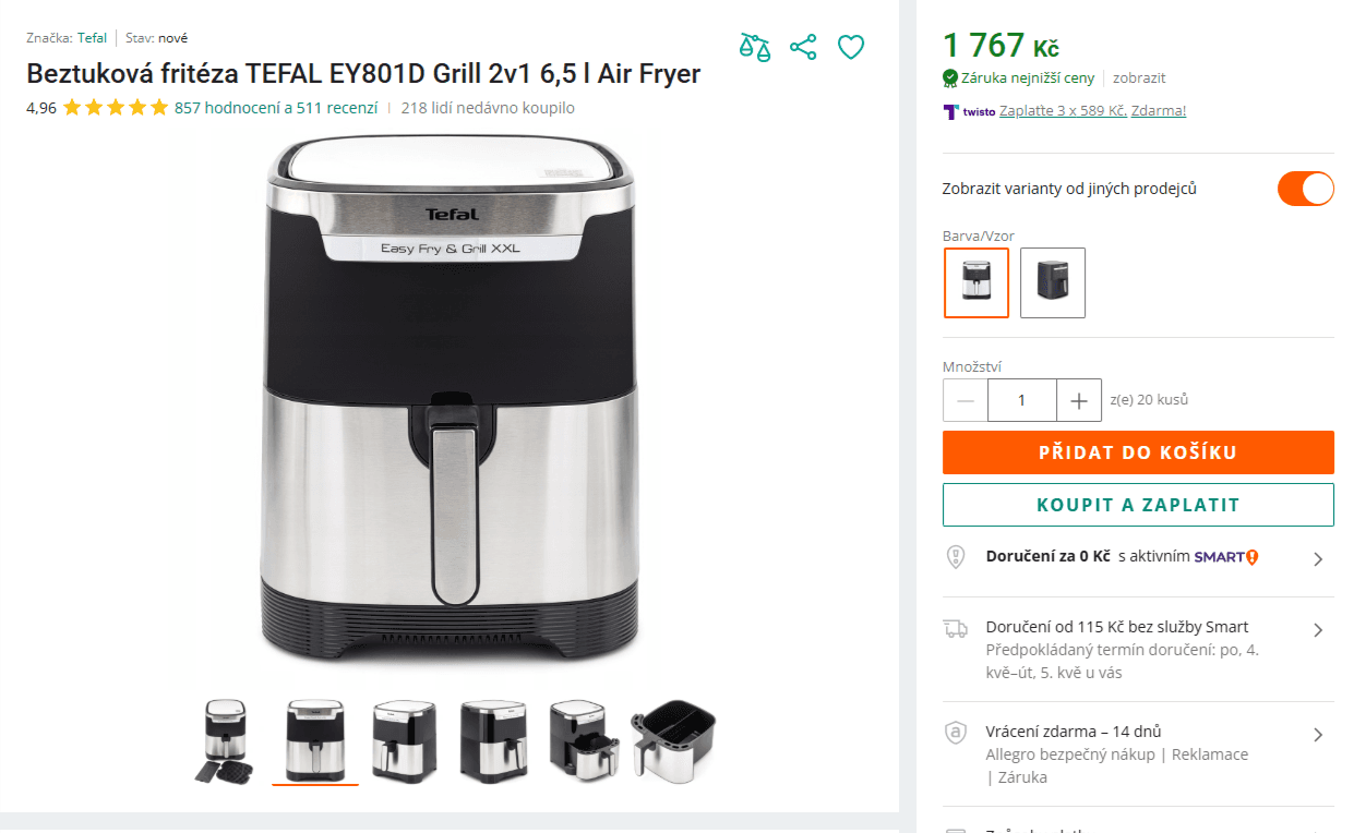 Horkovzdušná fritéza Tefal, dual, 6,5 l.