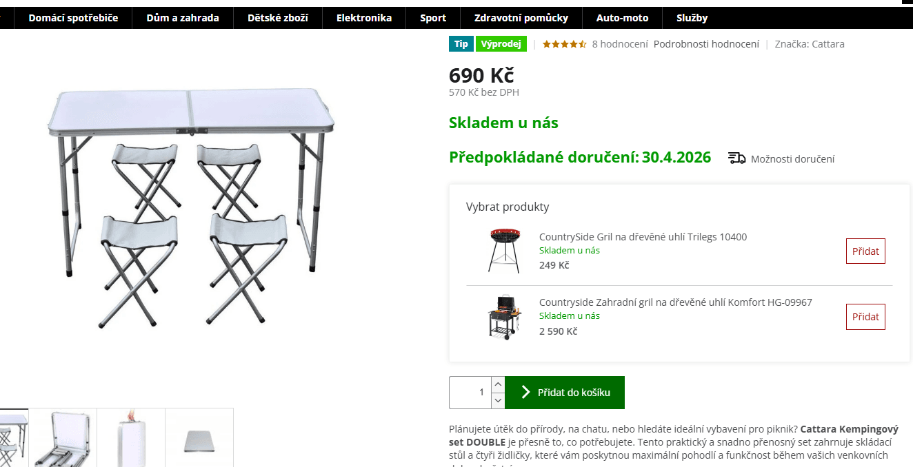 Kempingový stůl skládací Cattara + 4 židličky