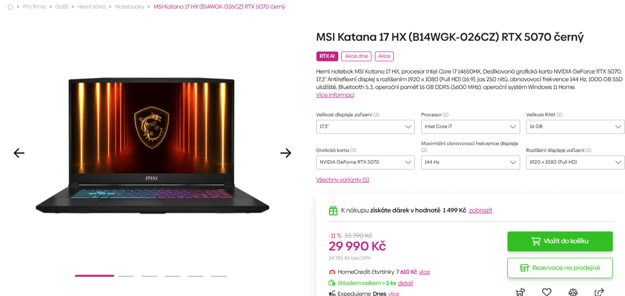 MSI i7 5,2 GHz, 16/1000GB, 8GB Nvidia, 17,3"